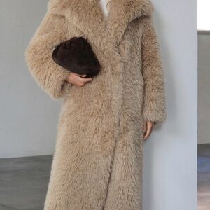 Mango Women's Long Faux Shearling Coat in Camel